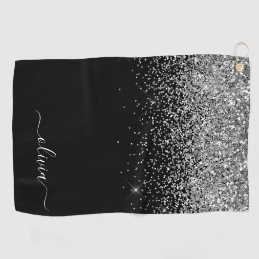Black Silver Glitter Girly Monogram Naam Golfhanddoek (Horizontaal)