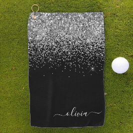 Black Silver Glitter Girly Monogram Naam Golfhanddoek