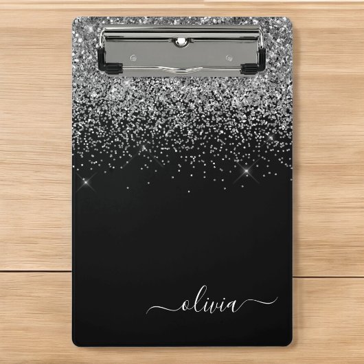 Black Silver Glitter Girly Monogram Naam Mini Klembord