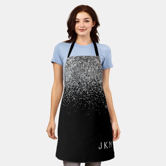 Black Silver Glitter Girly Monogram Naam Schort (Gedragen)