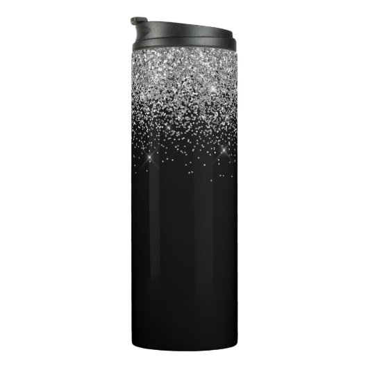 Black Silver Glitter Girly Monogram Naam Thermosbeker (Geroteerd rechts)