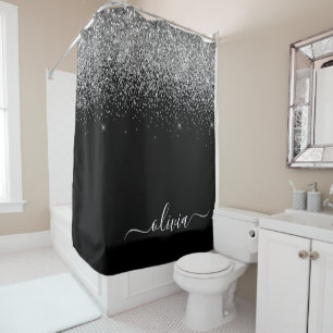 Black Silver Glitter Girly Monogram Name Bathroom Douchegordijn