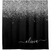 Black Silver Glitter Girly Monogram Name Bathroom Douchegordijn (Voorkant)