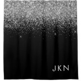 Black Silver Glitter Girly Monogram Name Bathroom Douchegordijn (Voorkant)