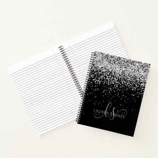 Black Silver Glitter Glam Monogram Naam Notitieboek (Binnen)