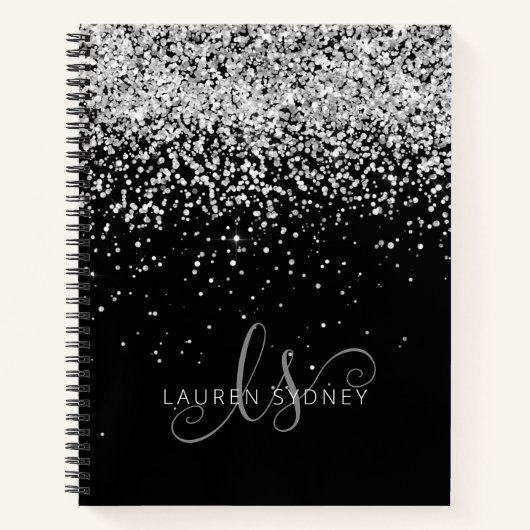 Black Silver Glitter Glam Monogram Naam Notitieboek (Voorkant)
