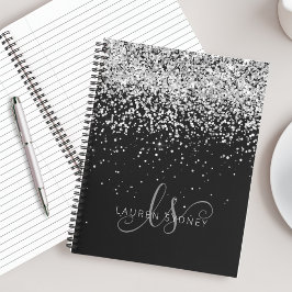 Black Silver Glitter Glam Monogram Naam Notitieboek