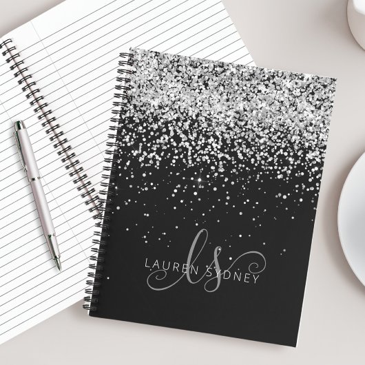 Black Silver Glitter Glam Monogram Naam Notitieboek