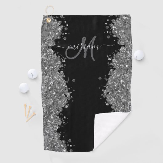 Black Silver Glitter Grey Modern Monogram Golfhanddoek (Insitu)