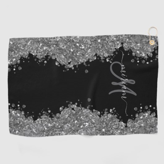 Black Silver Glitter Grey Modern Monogram Golfhanddoek (Horizontaal)
