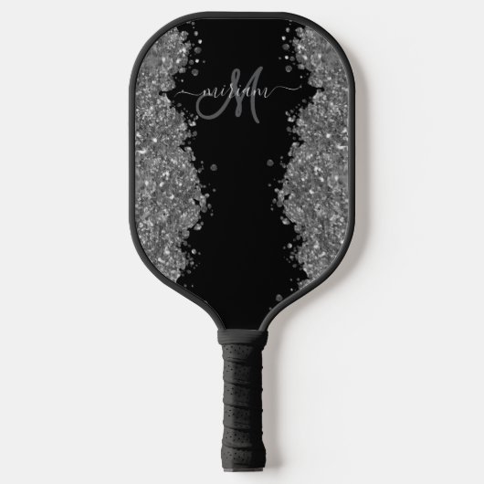 Black Silver Glitter Grey Modern Monogram Pickleball Paddle (Voorkant)