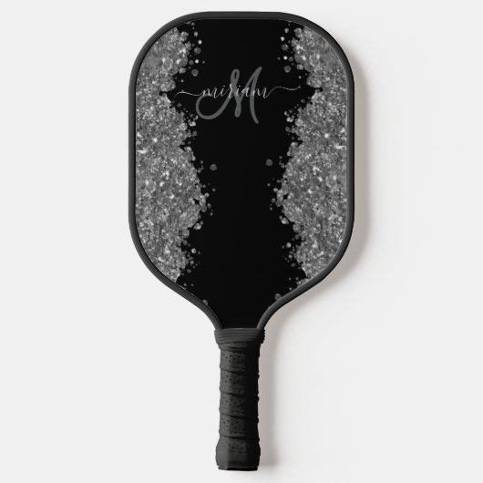 Black Silver Glitter Grey Modern Monogram Pickleball Paddle (Achterkant)