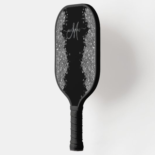 Black Silver Glitter Grey Modern Monogram Pickleball Paddle (Links)
