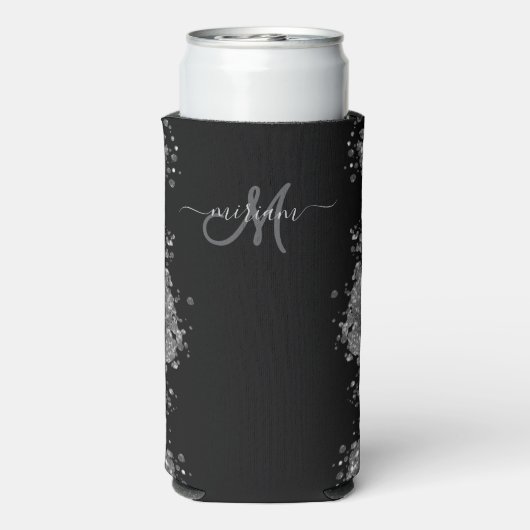 Black Silver Glitter Grey Modern Monogram Seltzer Blikjeskoeler (Seltzer Achterkant)