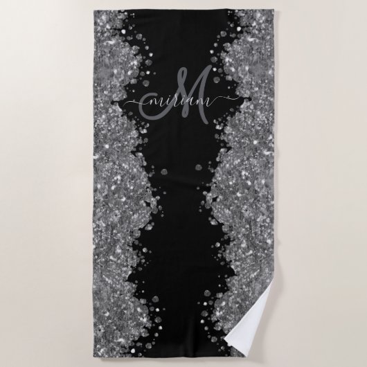 Black Silver Glitter Grey Modern Monogram Strandlaken (Voorkant)
