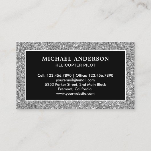 Black Silver Glitter Helikopter Pilot Visitekaartje (Achterkant)