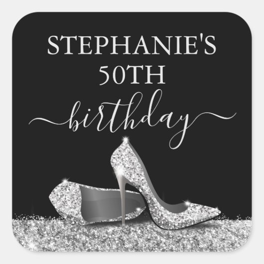 Black Silver Glitter High Heels Birthday Favor Vierkante Sticker (Voorkant)