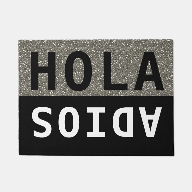 Black & Silver Glitter Hola Adios Spain Welkom Deurmat (Voorkant)