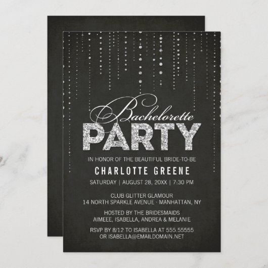 Black & Silver Glitter Kijk Bachelorette Party Kaart (Voorkant / Achterkant)