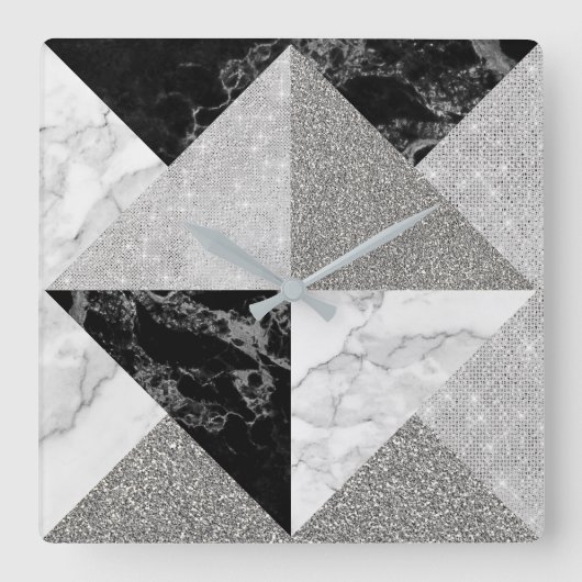 Black Silver Glitter Marble Gray Geometry Metallic Vierkante Klok (Voorkant)