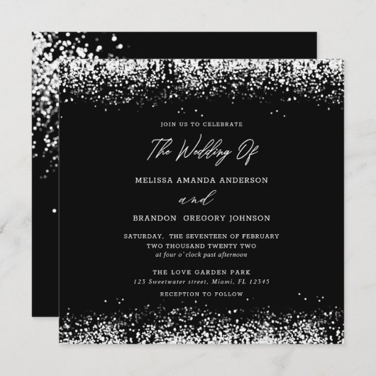 Black Silver Glitter Modern Wedding Invitation Kaart (Voorkant / Achterkant)
