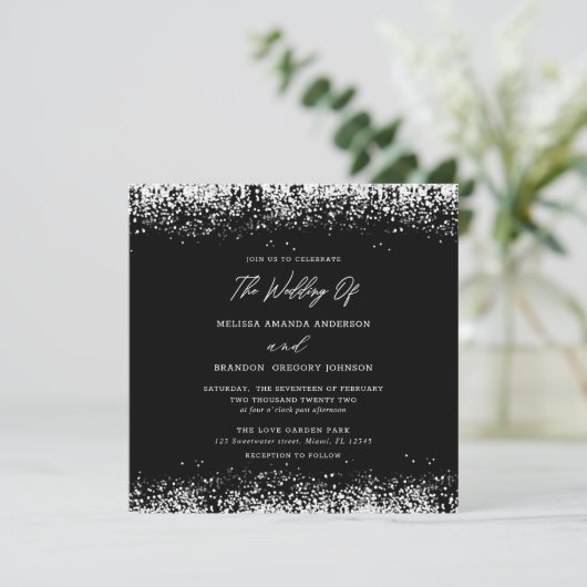 Black Silver Glitter Modern Wedding Invitation Kaart (Staand voorkant)
