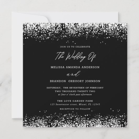 Black Silver Glitter Modern Wedding Invitation Kaart (Voorkant)