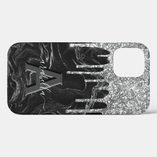 Black Silver Glitter Monogram Case-Mate iPhone Case (Achterkant (horizontaal))