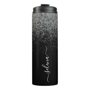 Black Silver Glitter Monogram Girly  Thermosbeker