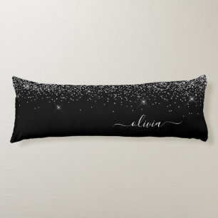 Black Silver Glitter Monogram Name Girly Lichaamskussen