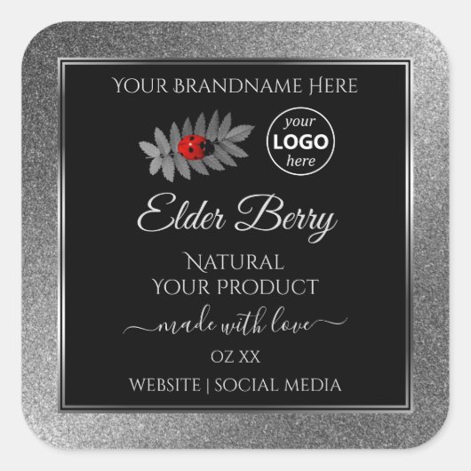 Black Silver Glitter Product Labels Ladybug Logo (Voorkant)