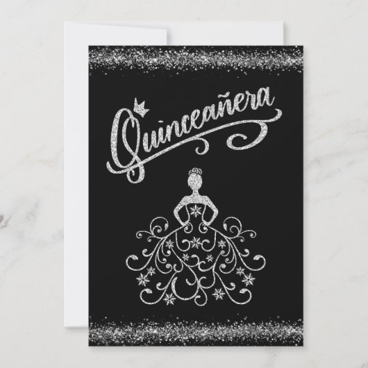BlacK Silver Glitter Quinceañera 15 Kaart (Voorkant)