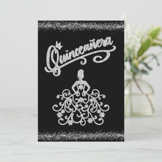 BlacK Silver Glitter Quinceañera 15 Kaart (Staand voorkant)