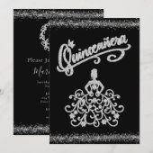 BlacK Silver Glitter Quinceañera 15 Kaart (Voorkant / Achterkant)