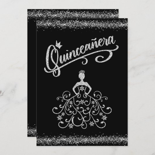BlacK Silver Glitter Quinceañera 15 Kaart (Voorkant / Achterkant)