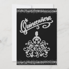 BlacK Silver Glitter Quinceañera 15 Kaart