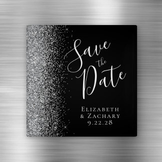 Black Silver Glitter Script De datum opslaan Magneet