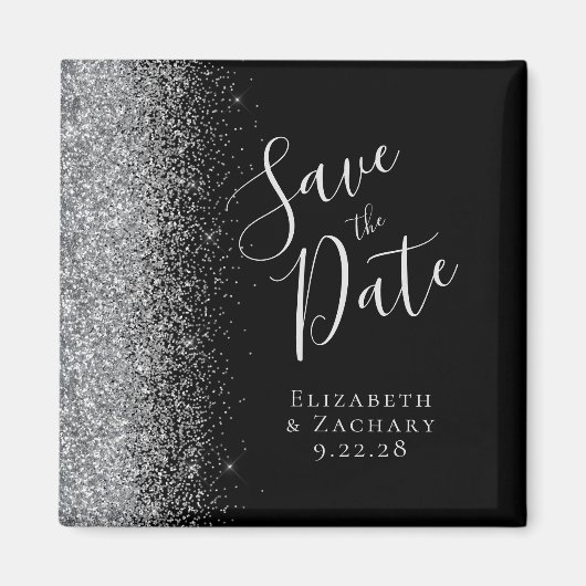 Black Silver Glitter Script De datum opslaan Magneet (Voorkant)
