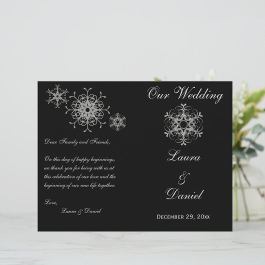 Black, Silver Glitter Snowflakes Wedding Programme (Staand voorkant)