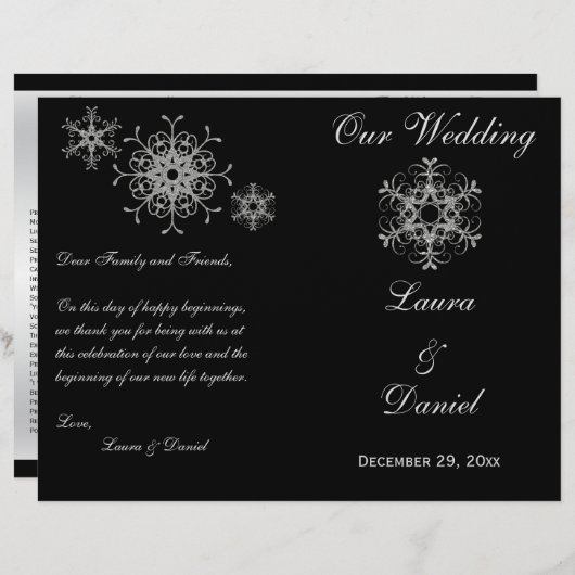 Black, Silver Glitter Snowflakes Wedding Programme (Voorkant / Achterkant)