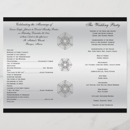 Black, Silver Glitter Snowflakes Wedding Programme (Achterkant)