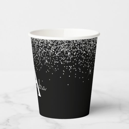 Black Silver Glitter Sparkle Monogram Paper Cups Papieren Bekers (Links)