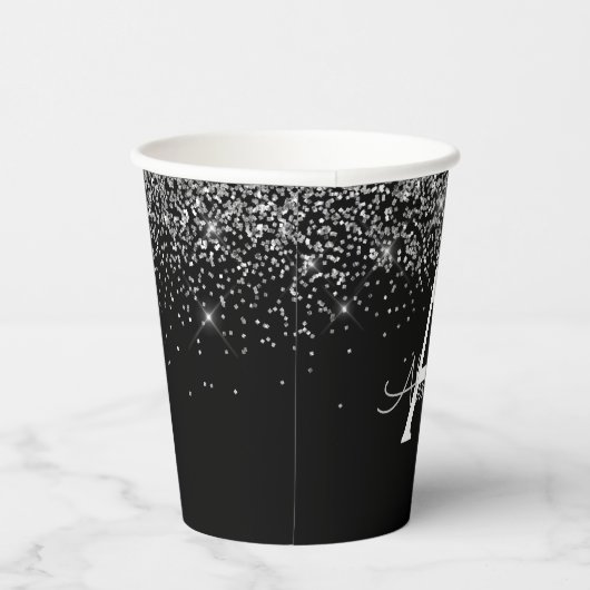 Black Silver Glitter Sparkle Monogram Paper Cups Papieren Bekers (Rechts)