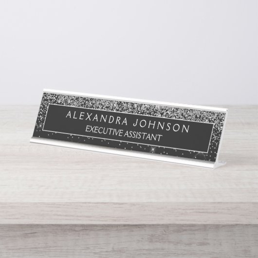 Black Silver Glitter Sparkle Professional Bureau Naambordje (Voorkant)