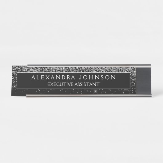 Black Silver Glitter Sparkle Professional Bureau Naambordje (Voorkant)
