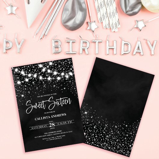 Black Silver Glitter Sparkles Lights Sweet 16 Kaart