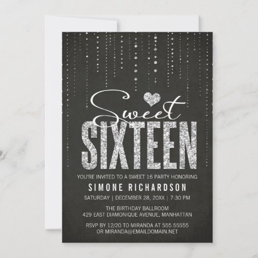 Black & Silver Glitter Sweet 16 Kaart (Voorkant)