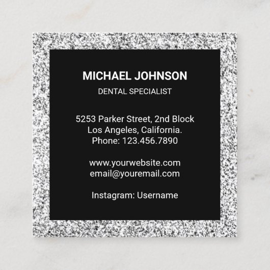 Black Silver Glitter Tooth Dental Clinic Dentist Vierkante Visitekaartje (Achterkant)