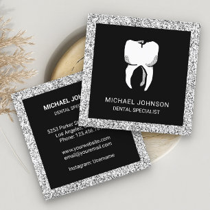 Black Silver Glitter Tooth Dental Clinic Dentist Vierkante Visitekaartje