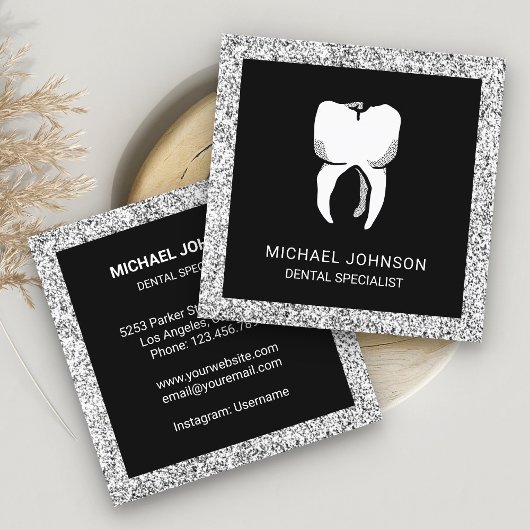 Black Silver Glitter Tooth Dental Clinic Dentist Vierkante Visitekaartje